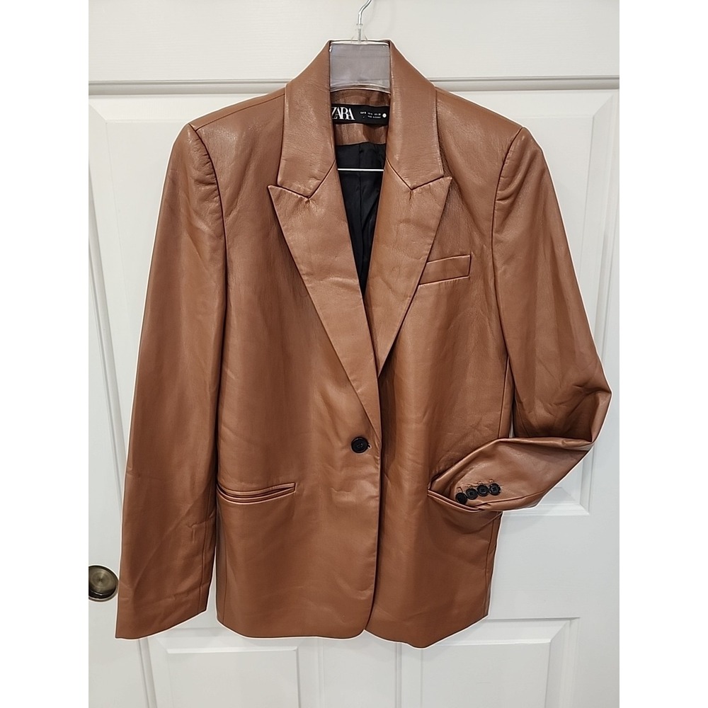 Zara Brown Vegan Leather One button  blazer minimalist vegan classic S